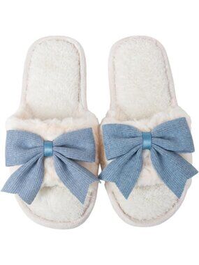 Women's Blue Fuzzy Bow House Slippers Memory Foam Slides Open Toe Plush Fleece